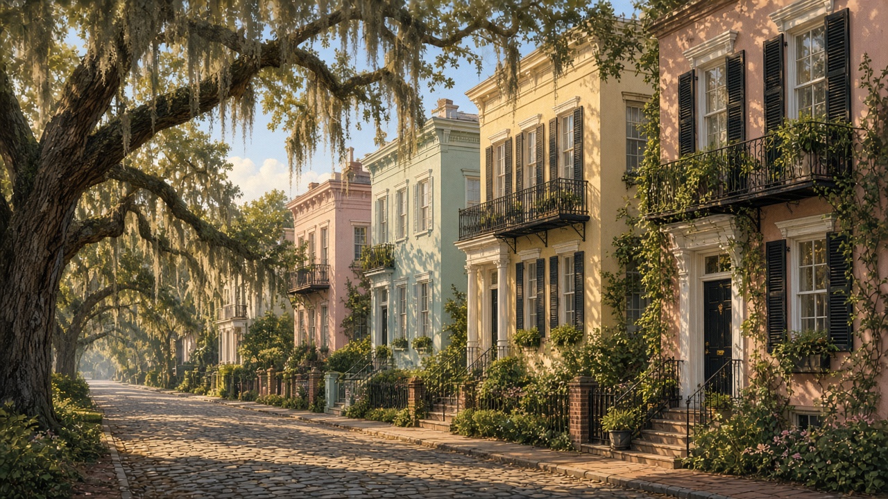 Original Noravelle illustration of Charleston Historic District — pastel mansions, live oaks, and lantern-lit streets (original artwork, not a hotel photo).