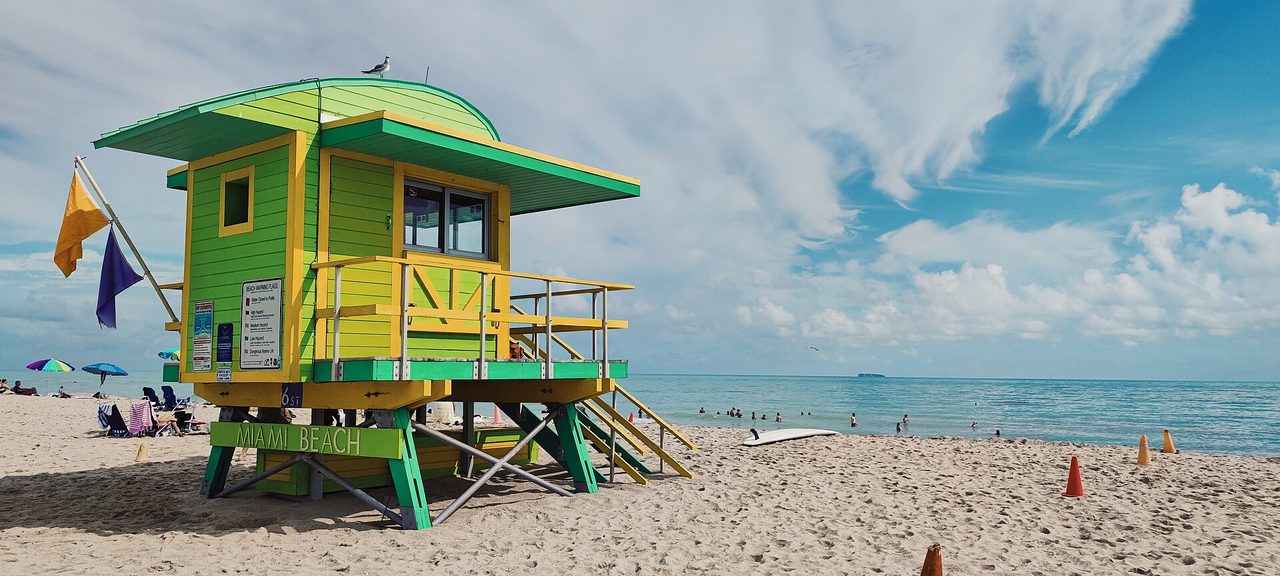 Lifeguard tower in Miami Beach, Florida. Photograph of the beach, not a hotel.