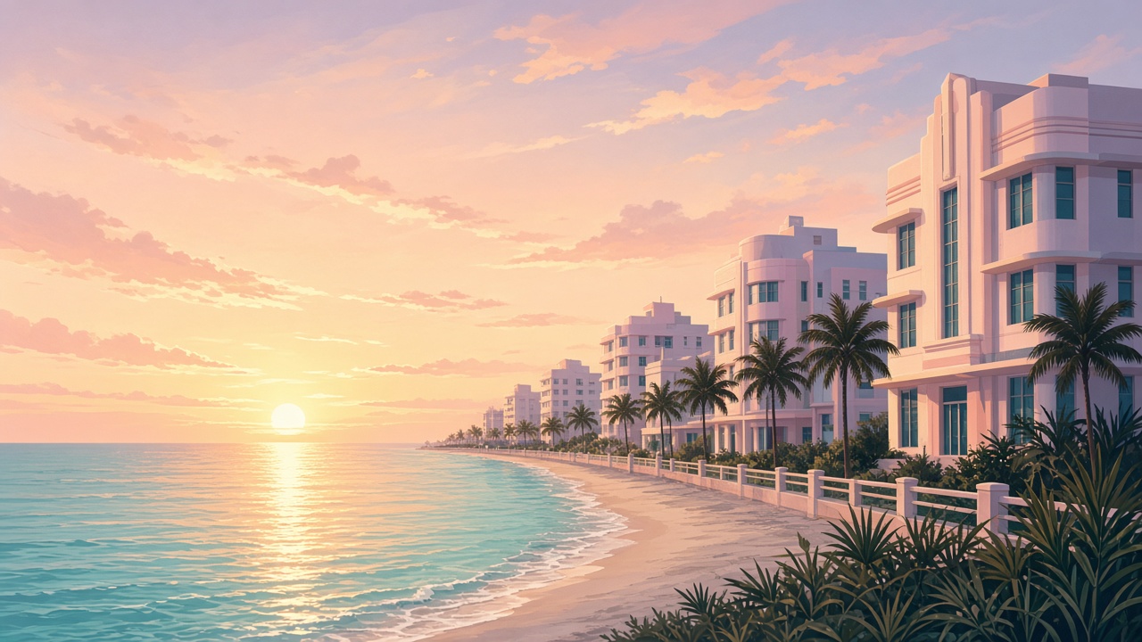 Original Noravelle illustration of a Miami Beach luxury day — teal ocean, pastel Art Deco, and resort cabanas (not a hotel brand photo).