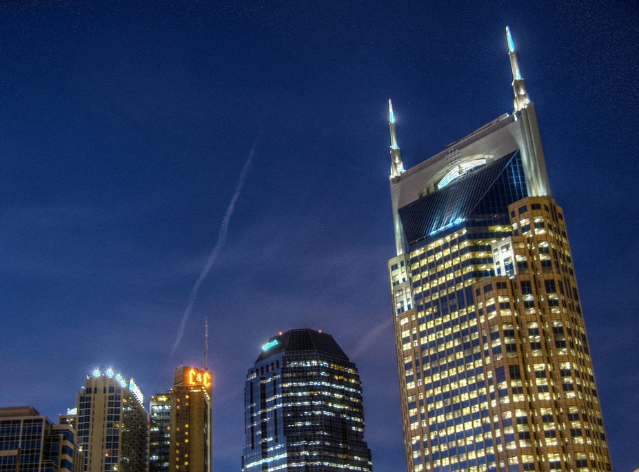Nashville, Tennessee skyline at twilight. Photograph of the city, not a hotel.