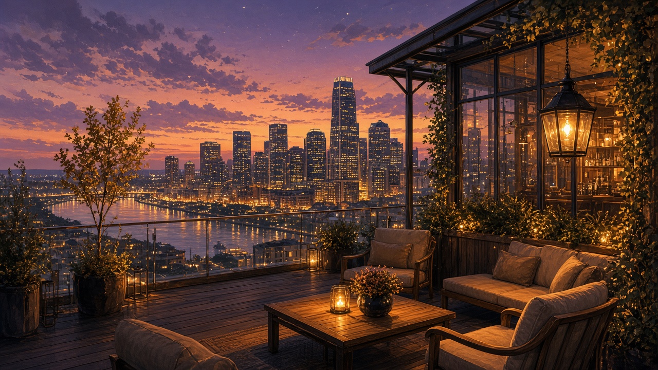 Original Noravelle illustration of a Nashville evening skyline with warm lights and music-city energy (original artwork).