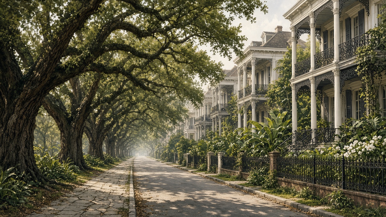 Original Noravelle illustration of a New Orleans Garden District street with mansions, oaks, and a streetcar (original artwork).