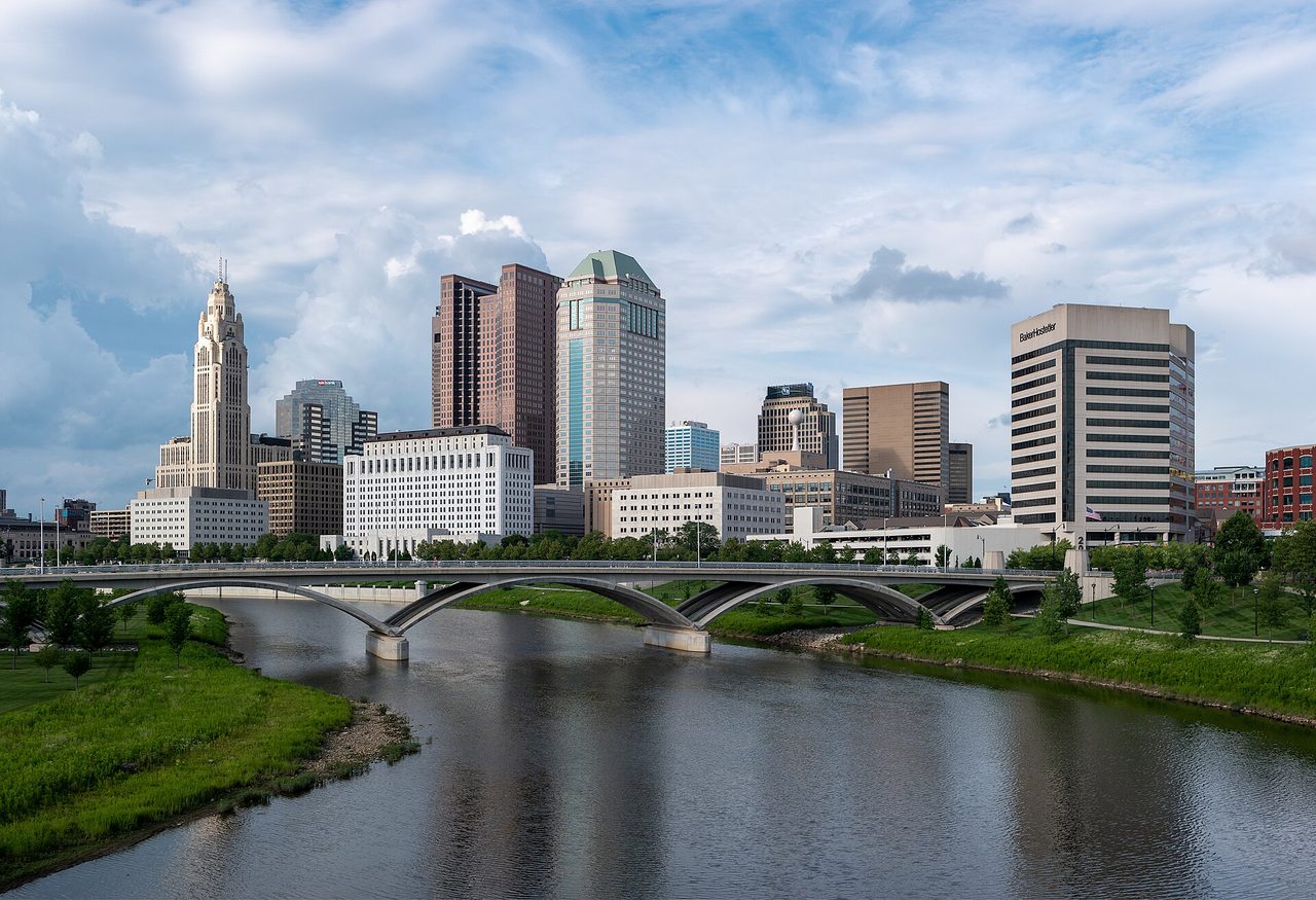Downtown Columbus, Ohio, from the Main Street Bridge. Photograph of the city, not a hotel.