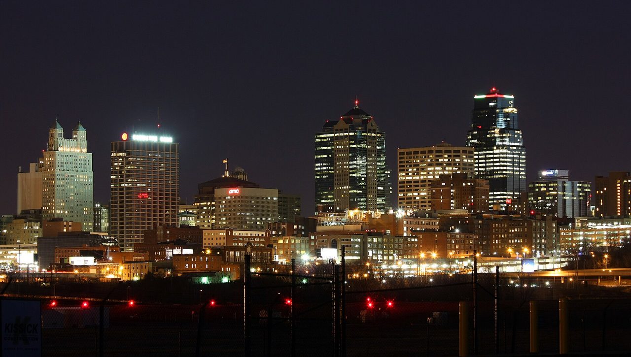 Kansas City, Missouri skyline at night. Photograph of the city, not a hotel.
