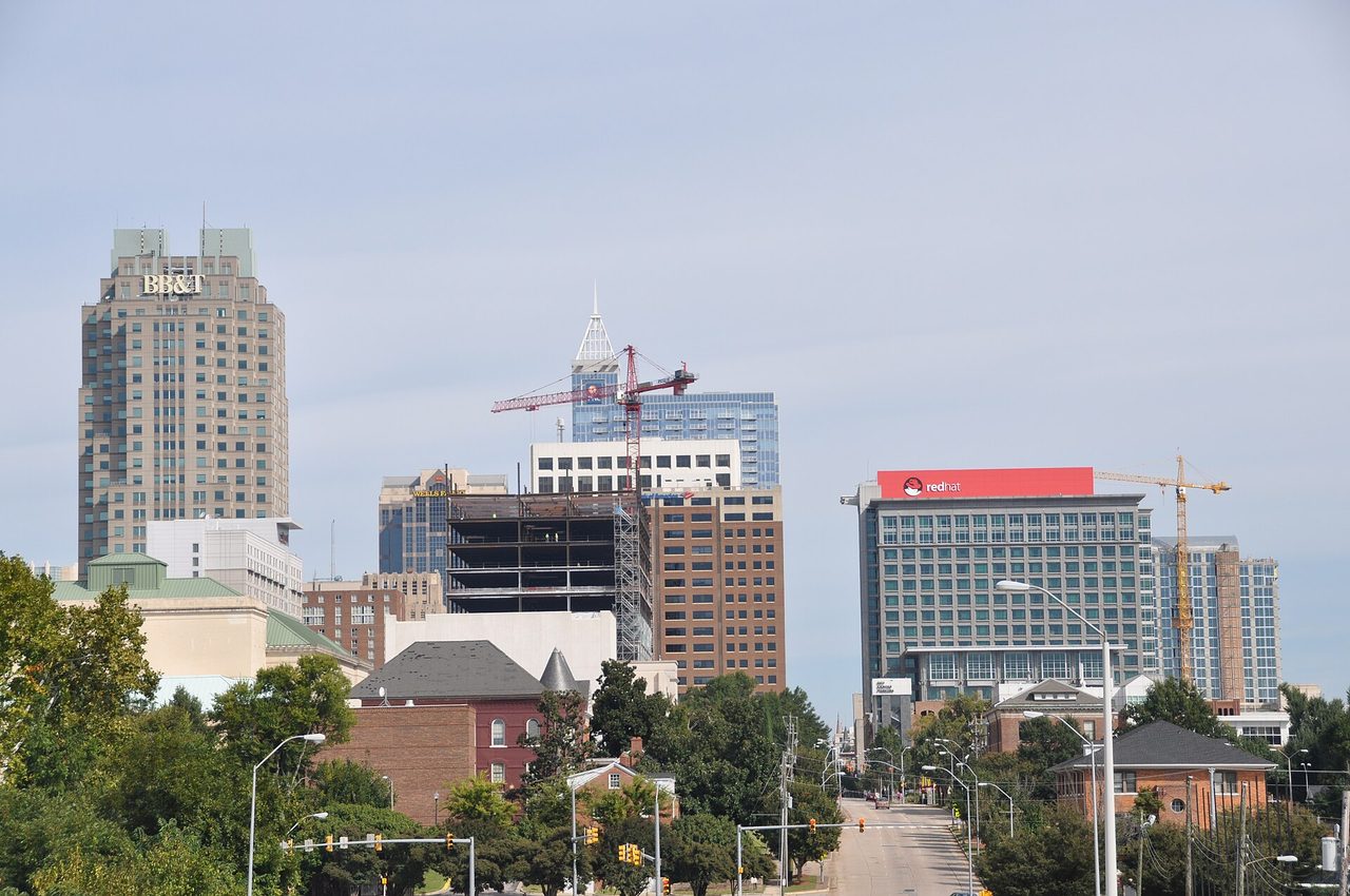 Raleigh, North Carolina skyline. Photograph of the city, not a hotel.