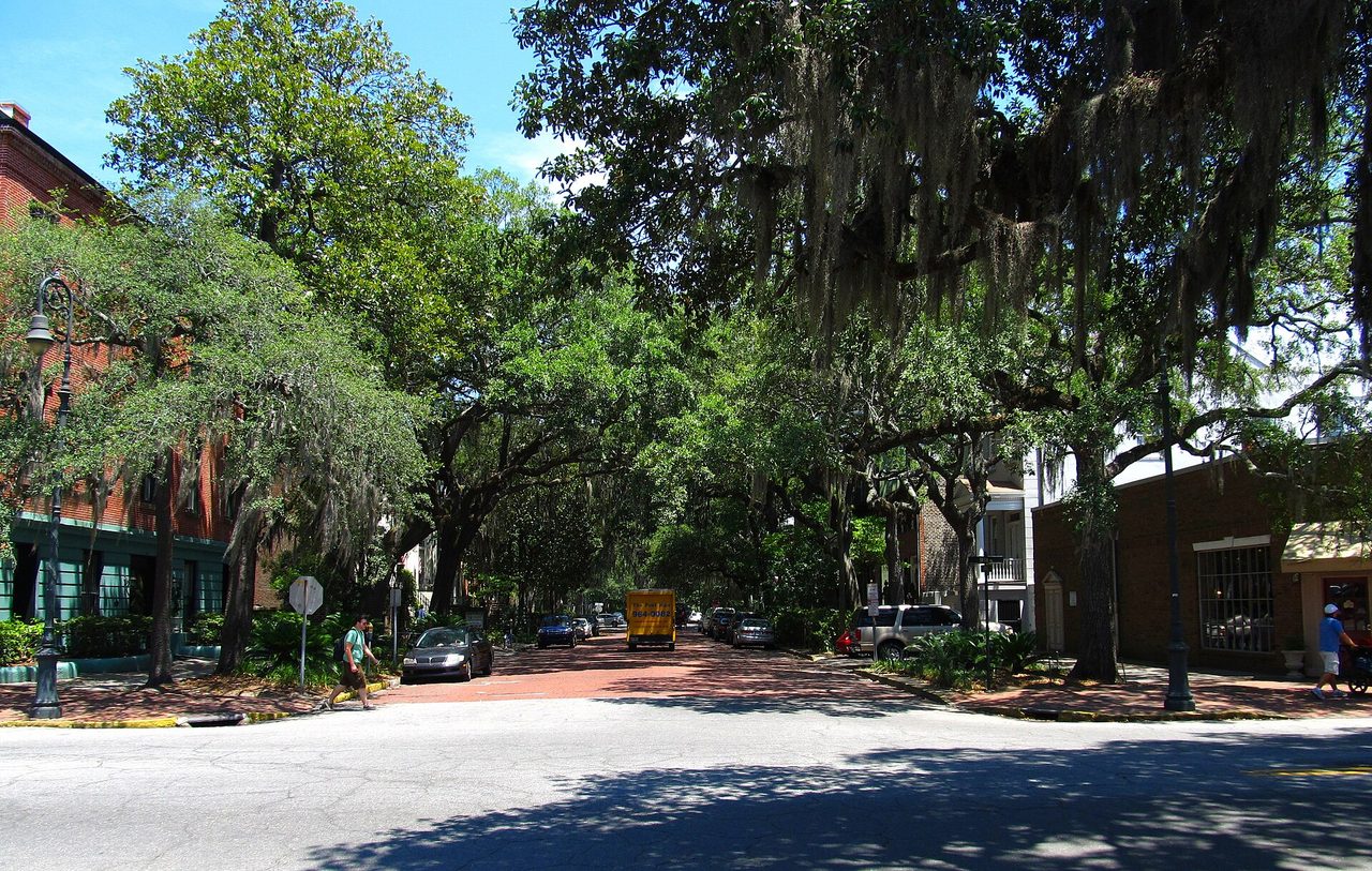 Jones Street and Bull Street in Savannah, Georgia. Photograph of the street, not a hotel.