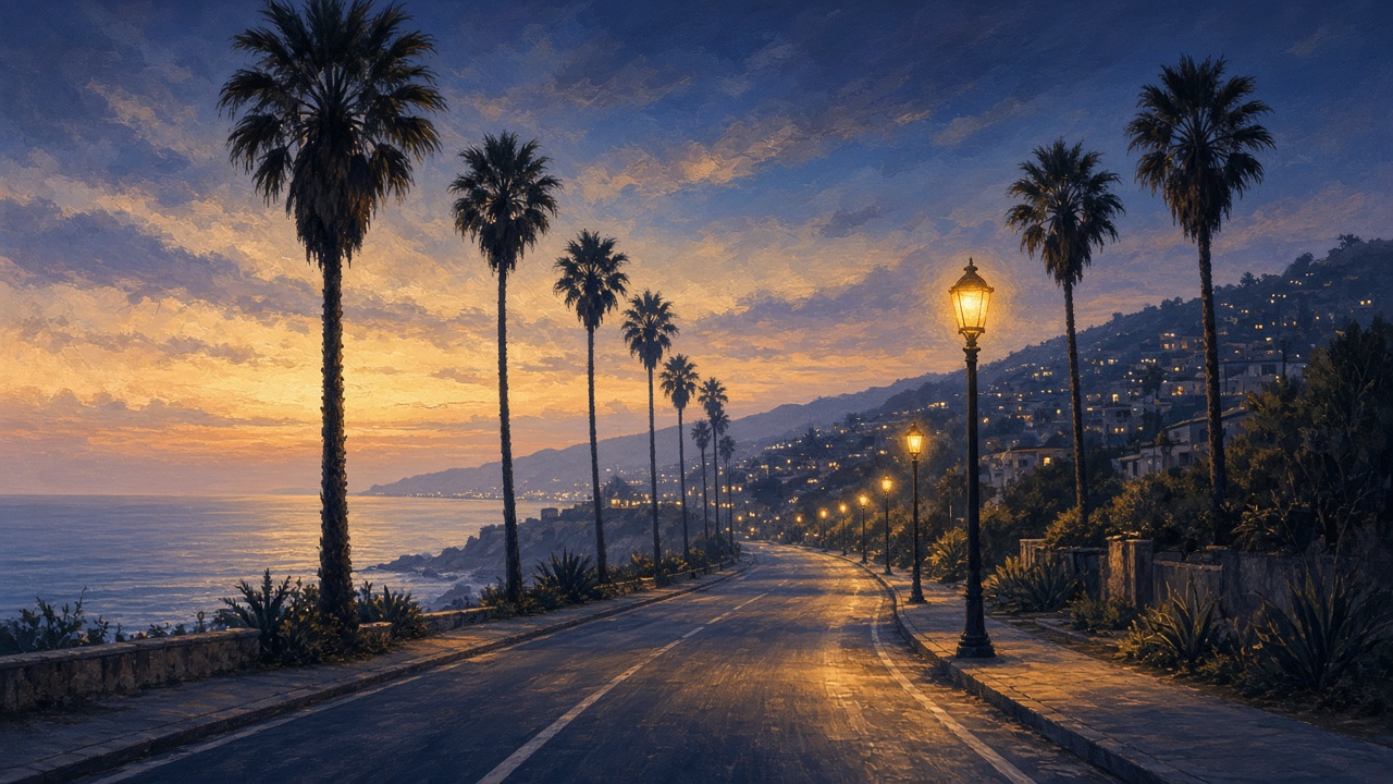 AI generated illustrative coastal evening road with palm trees. Not a named hotel and not SoFi Stadium.